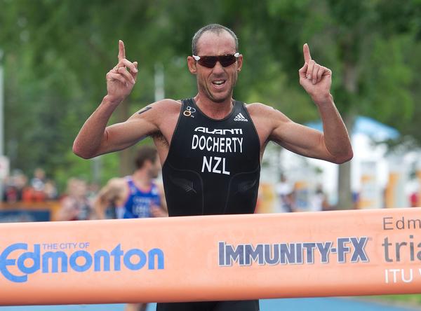 Bevan Docherty winning the Edmonton ITU World Cup race earlier this year